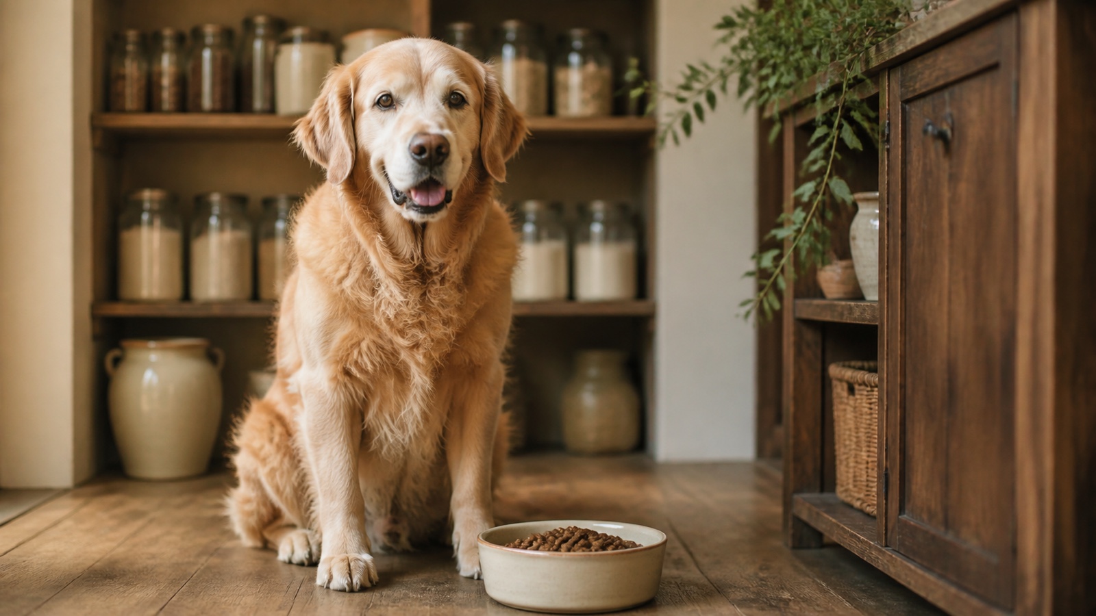 Karma dla psa seniora – starszy golden retriever przy misce z odmierzoną porcją karmy