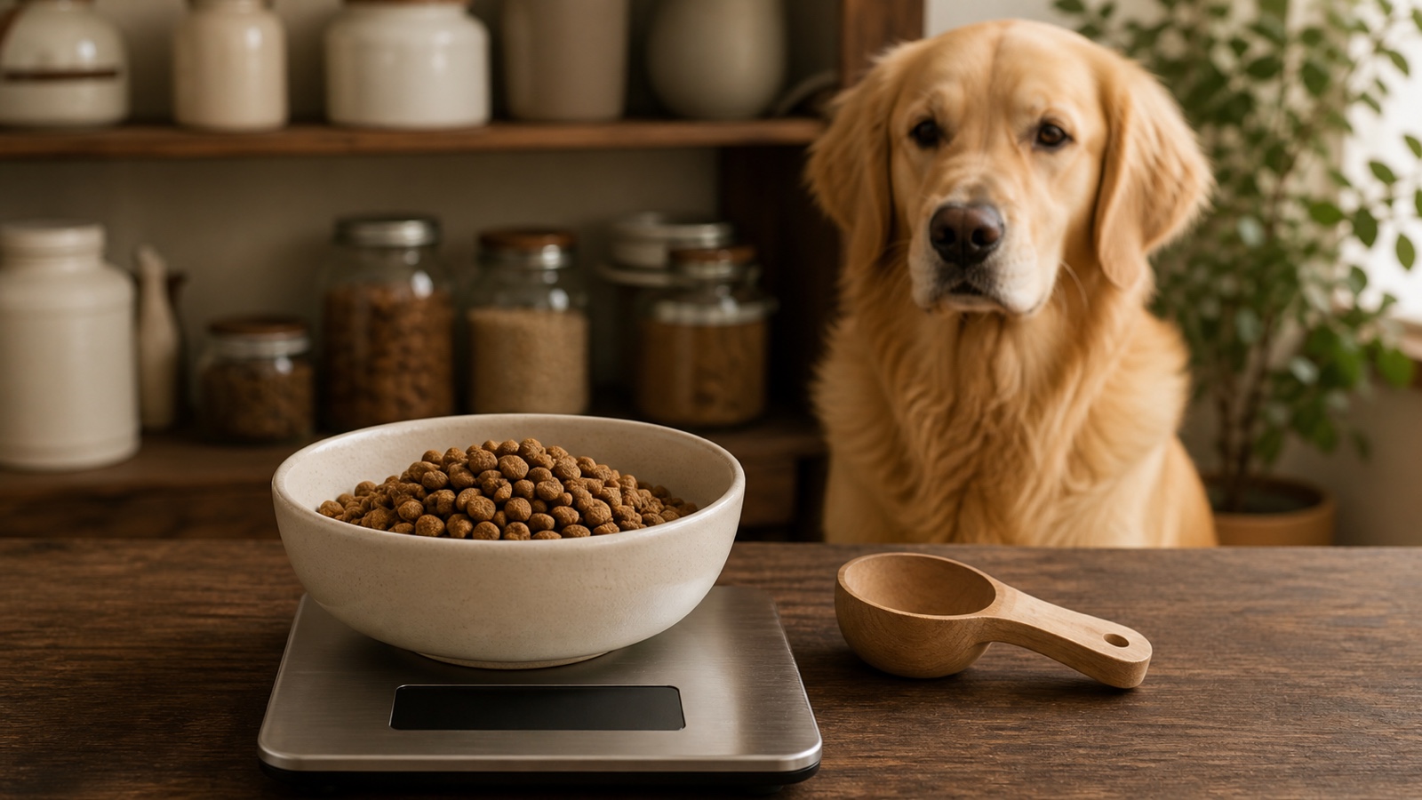 Zapotrzebowanie kaloryczne psa – golden retriever przy odmierzonej porcji karmy i wadze kuchennej