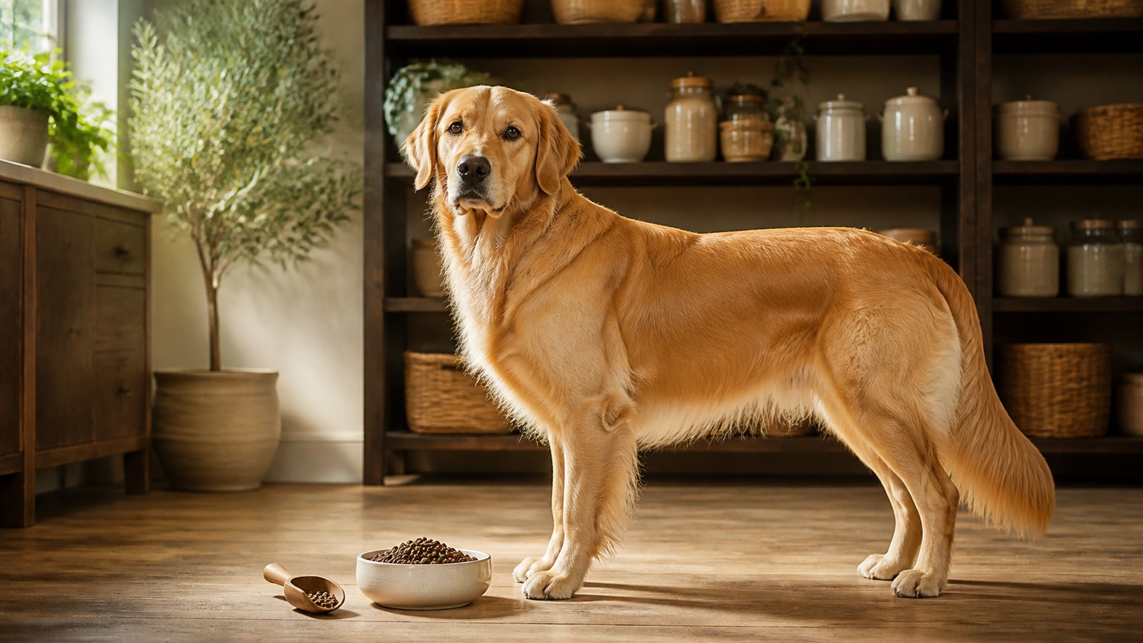 Karma light dla psa – golden retriever przy odmierzonej porcji karmy o obniżonej kaloryczności