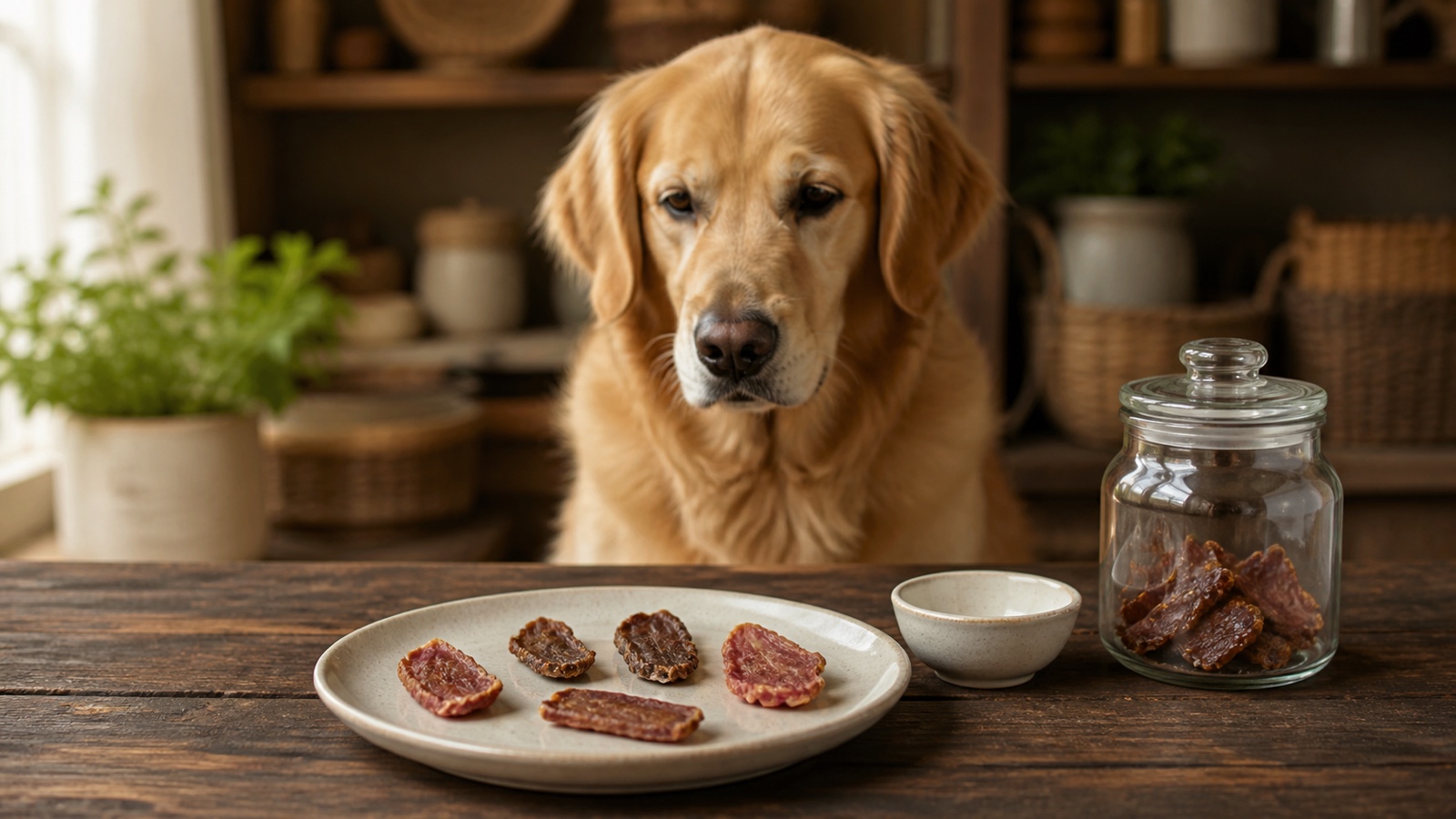 Przysmaki dla psa – golden retriever przy kilku bezpiecznie odmierzonych naturalnych smaczkach