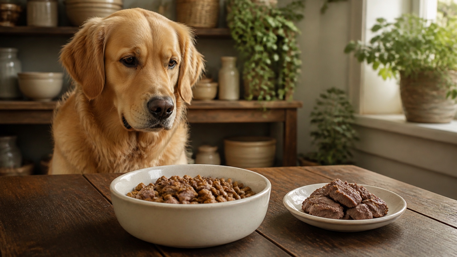 Jagnięcina dla psa – golden retriever przy misce karmy z jagnięciną i niewielką porcją gotowanego mięsa